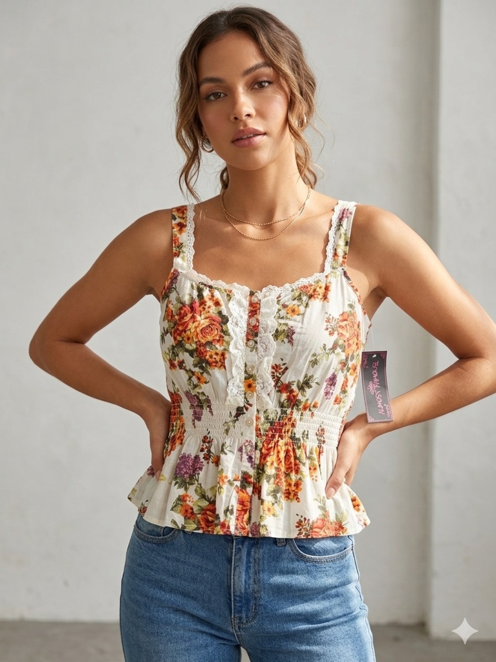 Almost Famous Floral Smocked Peplum Top Lace Trim Cotton Large NWT